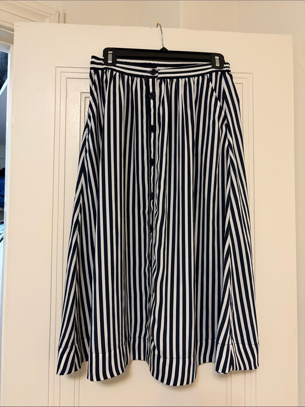 H&M Navy and White Vertical Stripe Button-Front Midi Skirt